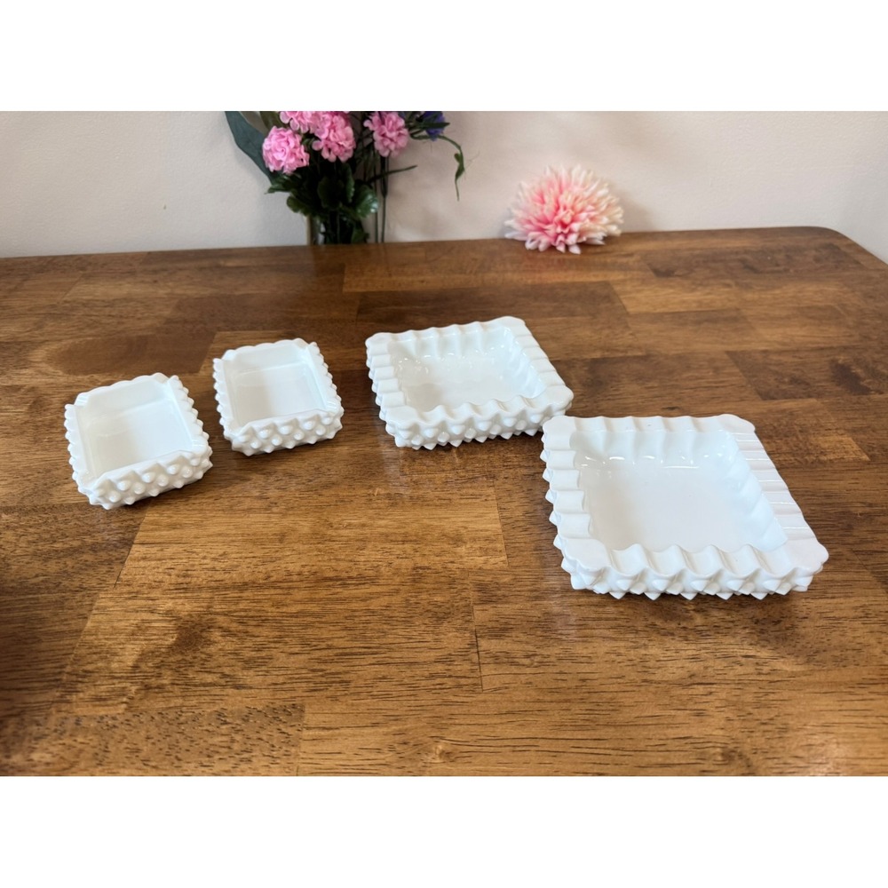 Vintage Milk Glass Hobnail Dishes 4 Rectangular and Square Candy‎ Trinket Bowls